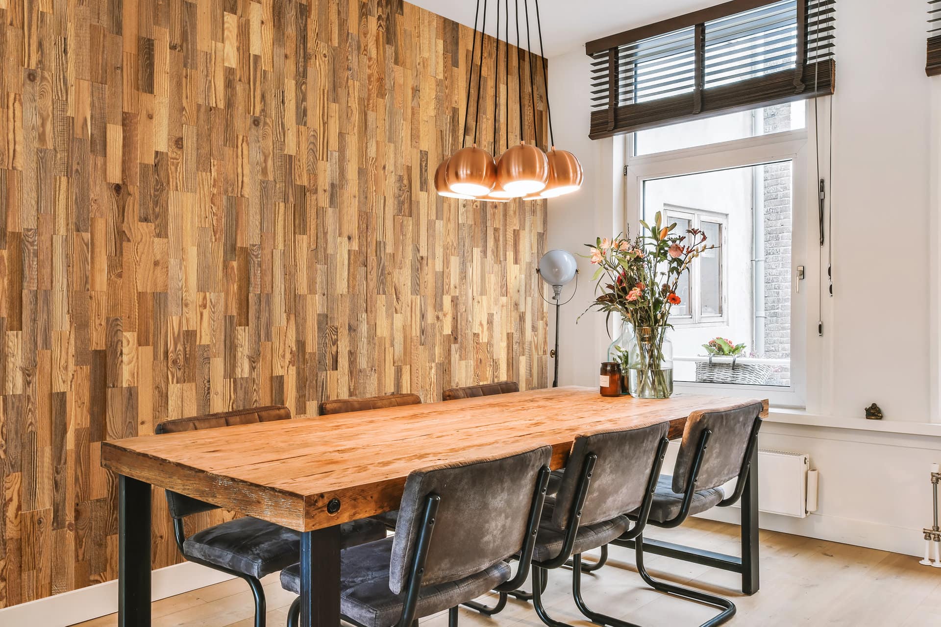 reclaimed wood wall panel dining room